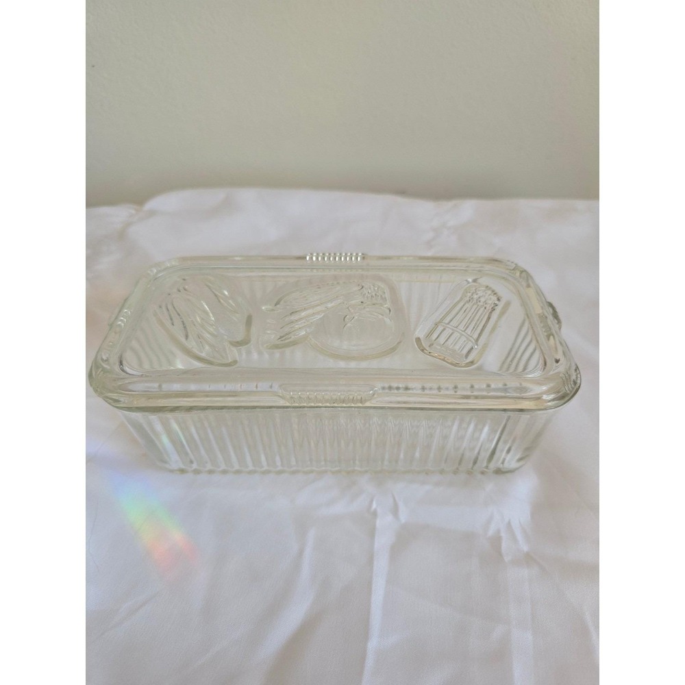 Vintage Federal Glass Refrigerator Dish Rectangle w/lid Vegetable Impressions